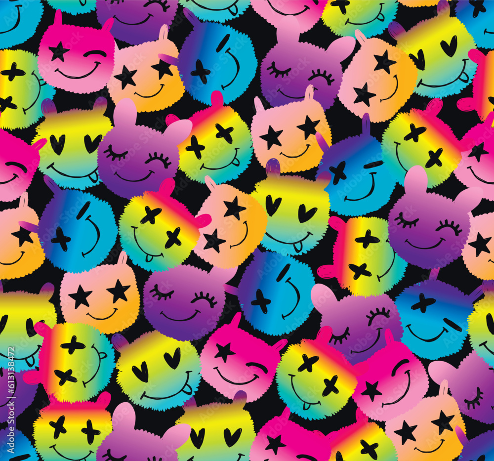 Fotografie Abstract 70s style seamless pattern with smiling faces