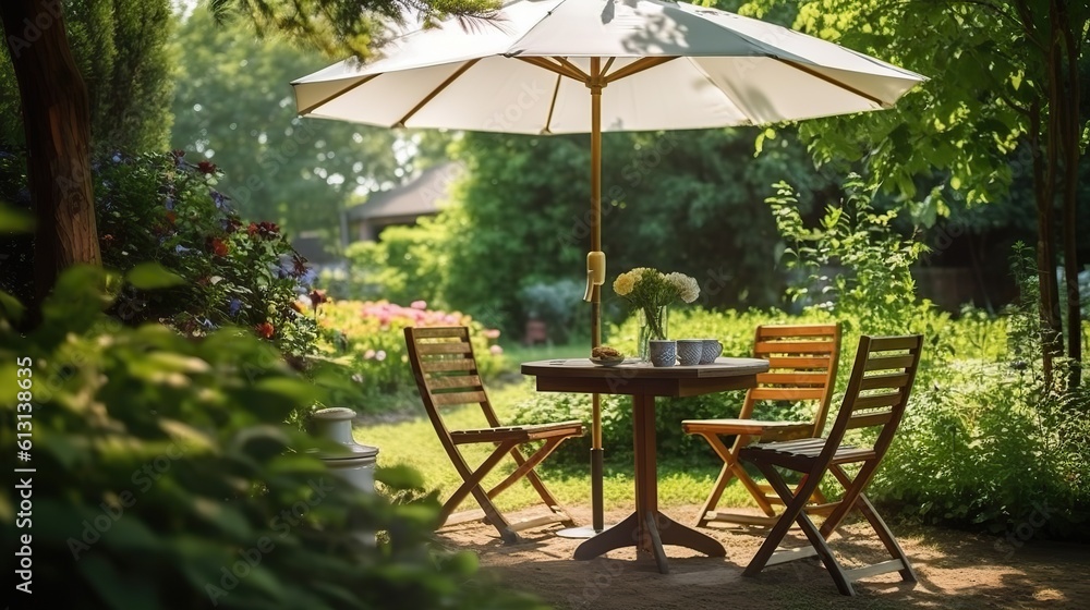 AI Generated. AI Generative. Summer garden picnic table party with umbrella. Coffee dinner family europe time. Graphic Art AI Generated. AI Generative. Summer garden picnic table party with umbrella. Coffee dinner family europe time. Graphic Art