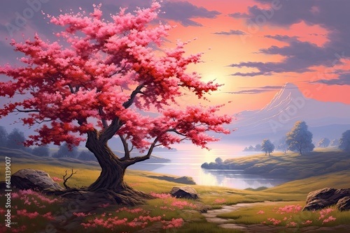 Happy Spring Landscape of Colours: A Realistic Flower Background in the Sunshine and Cherry Blossom at Sunset, Generative AI