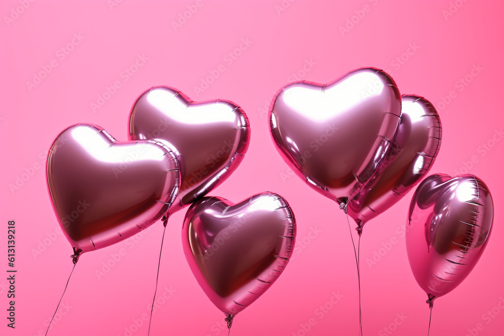 Flying glossy foil heart balloons, pink background. AI generative