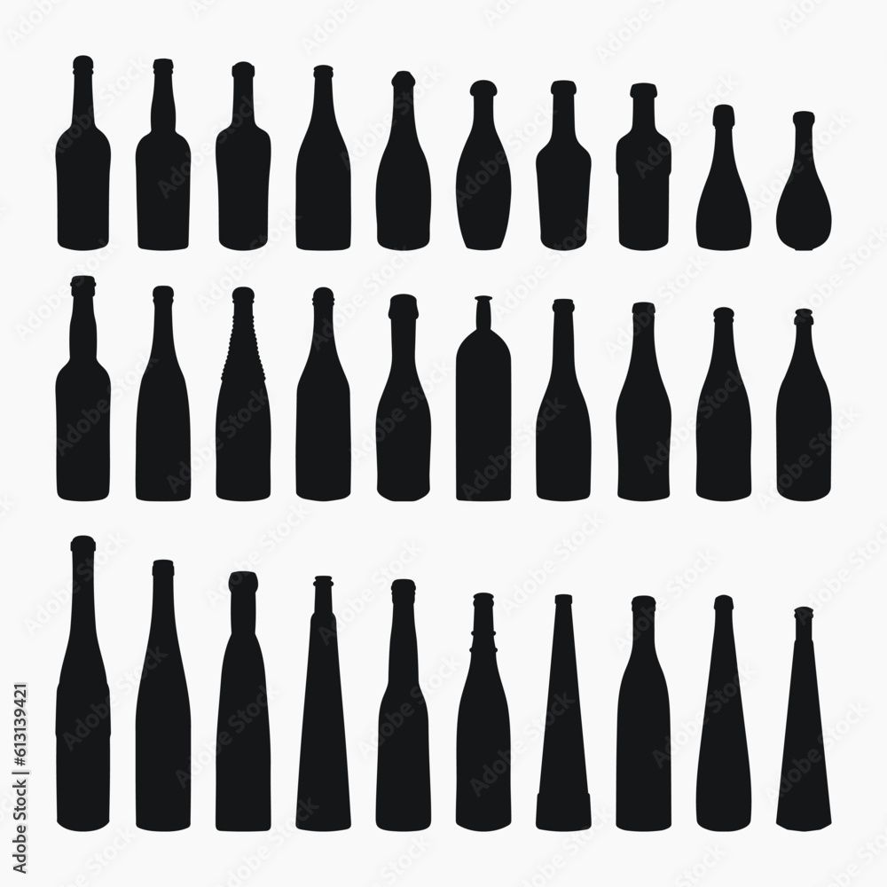 Shape of silhouettes of glass bottles for alcohol, wine, whiskey, vodka, brandy, cognac, beer, kvass, champagne, liqueur Shape of silhouettes of glass bottles for alcohol, wine, whiskey, vodka, brandy, cognac, beer, kvass, champagne, liqueur