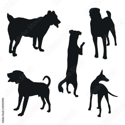 Sketch of black silhouettes of dogs in poses. Outline of pets go, standing, running, jumping, training, walking, guarding, posing, play, showing
