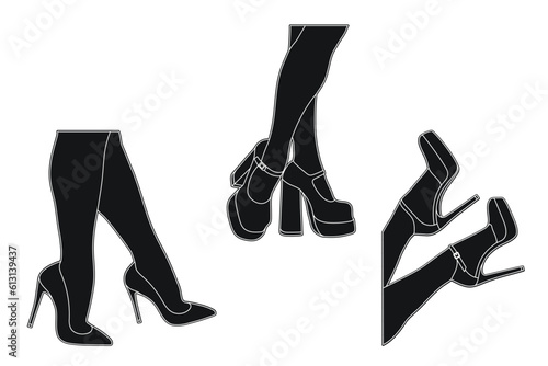 Line art silhouette outline of female legs in a pose. Shoes stilettos, high heels. Walking, standing, running, jumping, dance