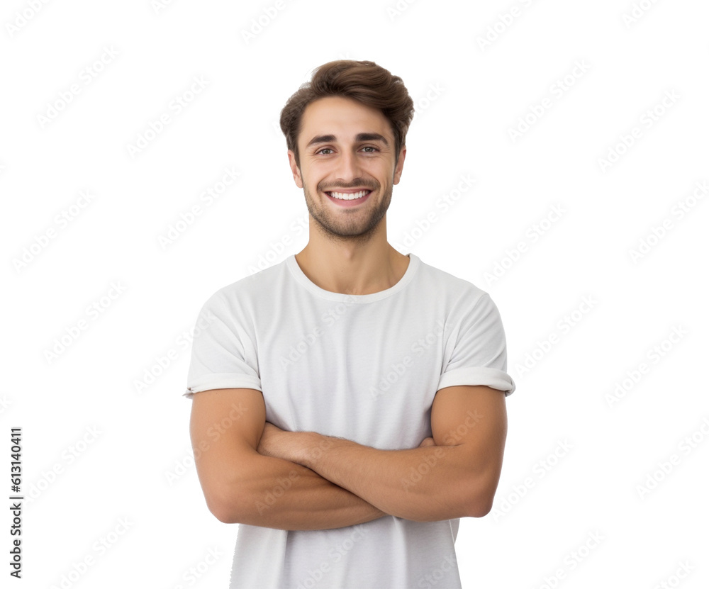Portrait of handsome smiling young man with folded arms isolated on a white background. Generative Ai Portrait of handsome smiling young man with folded arms isolated on a white background. Generative Ai
