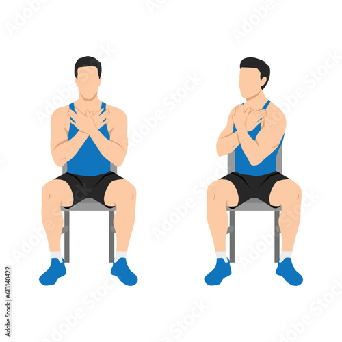 Man doing seated gluteal and lumbar rotation or chair twist exercise. Flat vector illustration isolated on white background