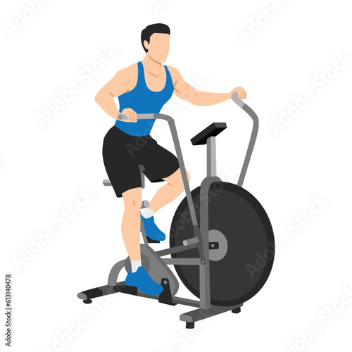 Man doing air bike training or assault bike cardio exercise. Flat vector illustration isolated on white background