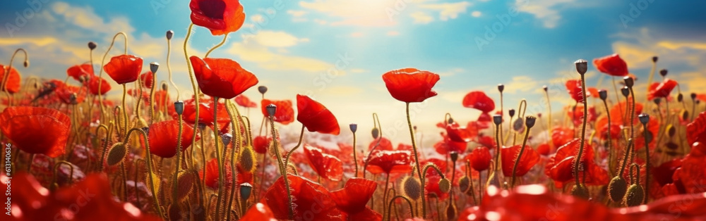 Horizontal banner with a view of a country field with poppies flowers in summer, generated by AI