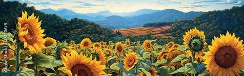 Horizontal banner with a view of a country field with sunflowers against the backdrop of mountains in summer, generated by AI #613140679