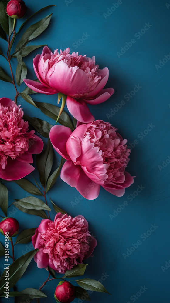 Obraz premium A bunch of pink peony flowers on a blue surface. Generative AI.