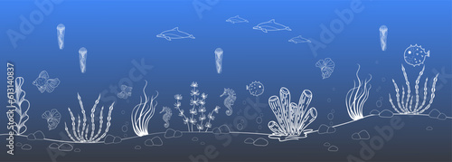 Linear illustration of a border with a seabed, fish, jellyfish