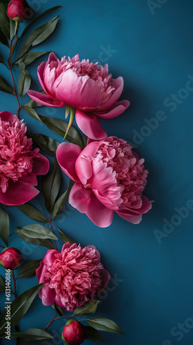 A bunch of pink peony flowers on a blue surface. Generative AI.