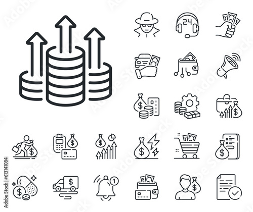 Money gain sign. Cash money, loan and mortgage outline icons. Budget line icon. Cash coin profit symbol. Budget line sign. Credit card, crypto wallet icon. Inflation, job salary. Vector