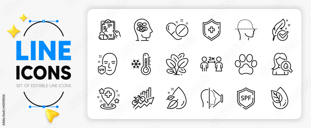 Uv protection, Face scanning and Spf protection line icons set for app include Medical shield, Spinach, Hospital outline thin icon. Low thermometer, Face id. Yellow 3d stars with cursor. Vector