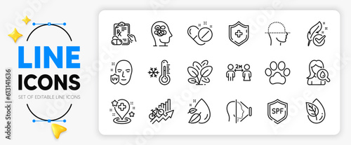 Uv protection, Face scanning and Spf protection line icons set for app include Medical shield, Spinach, Hospital outline thin icon. Low thermometer, Face id. Yellow 3d stars with cursor. Vector © blankstock