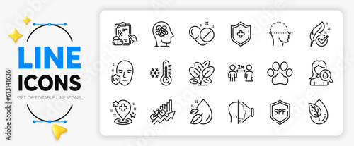 Uv protection, Face scanning and Spf protection line icons set for app include Medical shield, Spinach, Hospital outline thin icon. Low thermometer, Face id. Yellow 3d stars with cursor. Vector