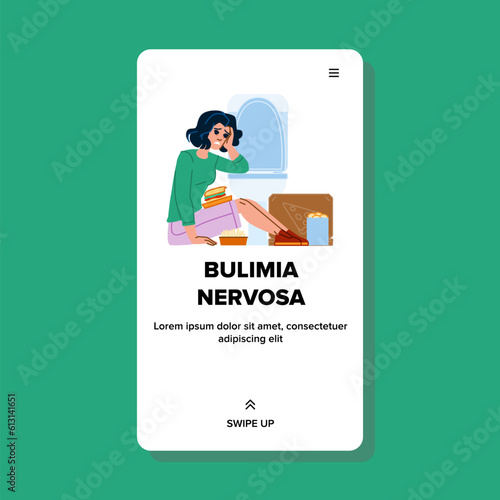 bulimia nervosa vector. disorder health, woman young, anorexia concept, diet girl, food illness bulimia nervosa web flat cartoon illustration