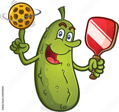 A cheerful pickle cartoon mascot balancing a pickleball on his finger and spinning it like a basketball and holding a paddle ready for a rousing game on the courts