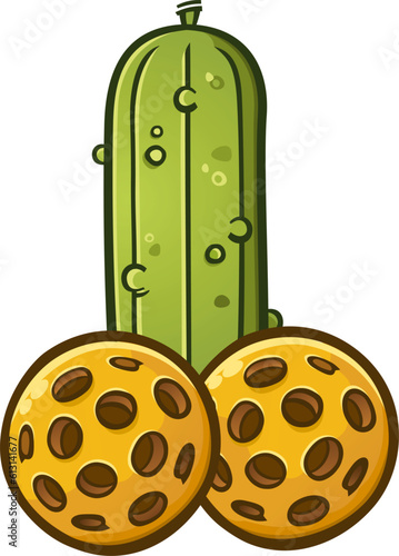A large phallus made of a pickle shaft and two pickleballs shaped like a manly penis and testicles cartoon vector illustration