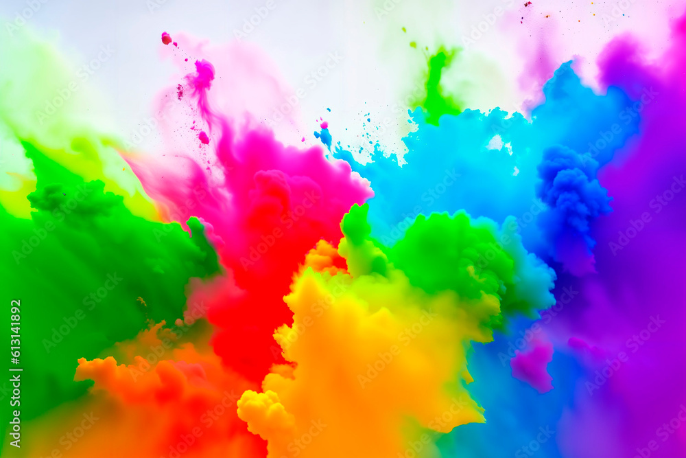 Colored powder explosion. Colorful rainbow paint splash. Colorful background in Holi colors.