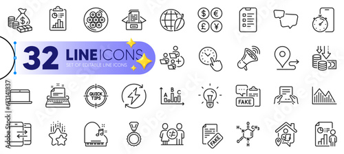 Outline set of Megaphone, Timer app and Report line icons for web with Ranking stars, Cable section, Add team thin icon. Documents box, Time management, Journey pictogram icon. Vector