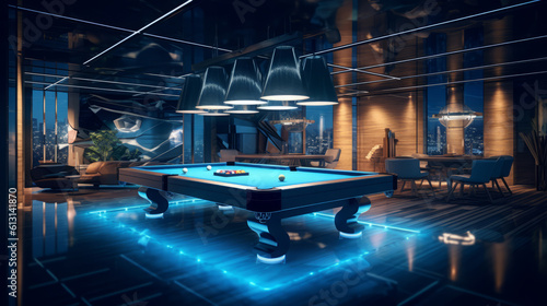 Billiard Room is of a beautiful futuristic design. AI Generated.