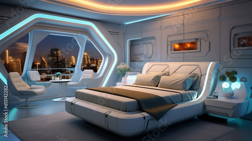 Guest Room of a beautiful futuristic design. AI Generated.