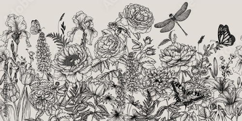 Horizontal seamless pattern summer garden with butterflies and dragonfly. Rose, lily, lupine, tulip, peony, periwinkle, buttercups, irises