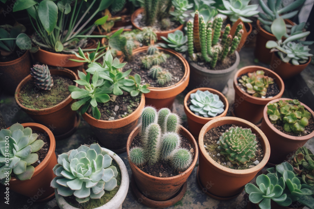 Generative Ai of many pots with succulent and cacti Generative Ai of many pots with succulent and cacti