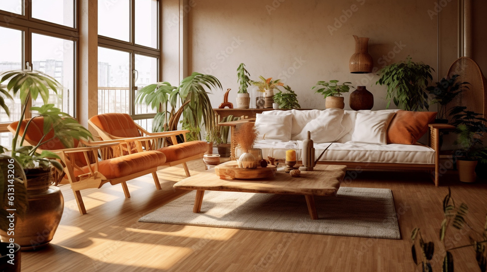 Fototapeta premium A warm and inviting living space with a wooden surface on the table. Generative AI