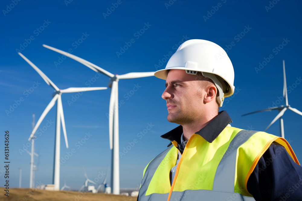 Generative AI of an engineer and windmills. Generative AI of an engineer and windmills.