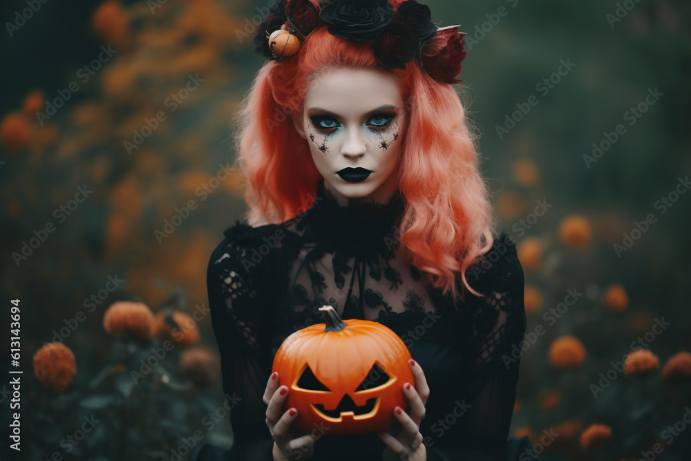 Generative Ai of a woman holding a pumpkin at Halloween. 
