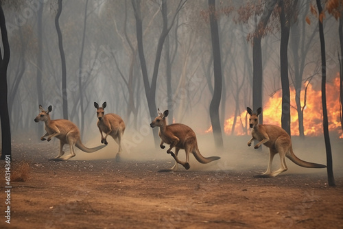 Generative AI of animals running from a wildfire in a forest.  photo