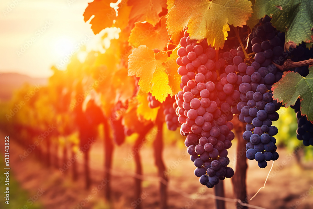 Generative AI of Beautiful grapes in a vineyard at sunset.	
 - obrazy, fototapety, plakaty 