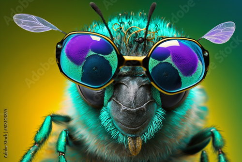 Generative Ai of a colorful bee wearing sunglasses © belyaaa