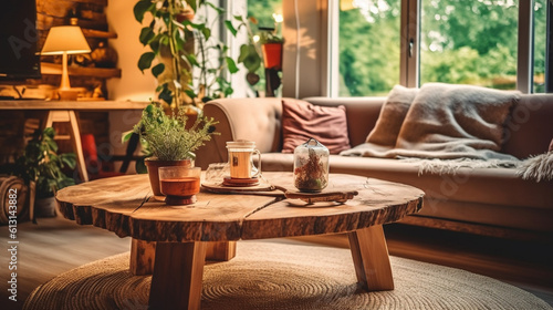 A warm and inviting living space with a rustic wooden table Generative AI