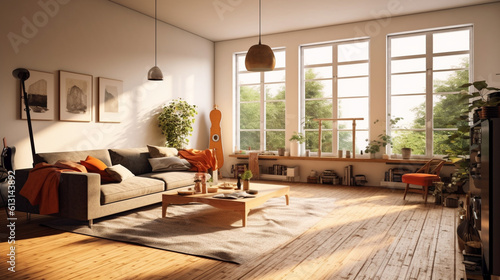 A warm and inviting living space adorned with a rustic wooden tabletop. Generative AI