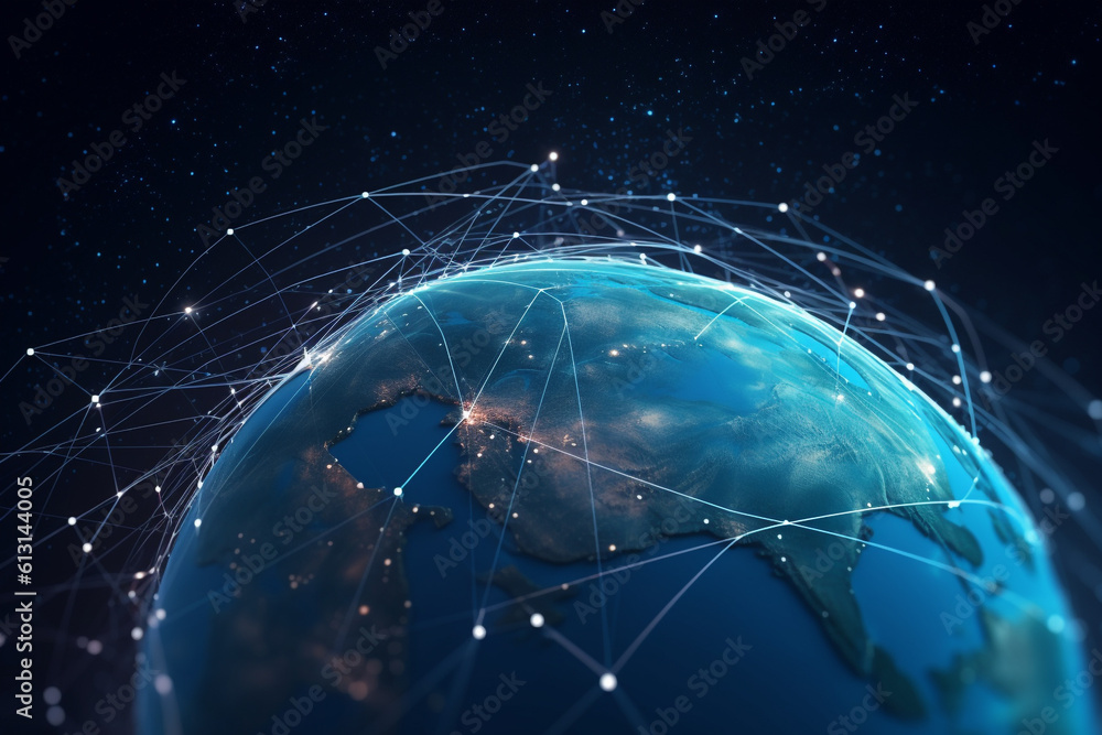 Generative AI of connection dots and lines around the Earths surface representing future technology. Generative AI of connection dots and lines around the Earths surface representing future technology.