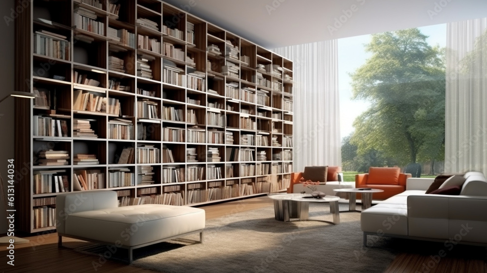 Contemporary large bookshelves in libraries Generative AI