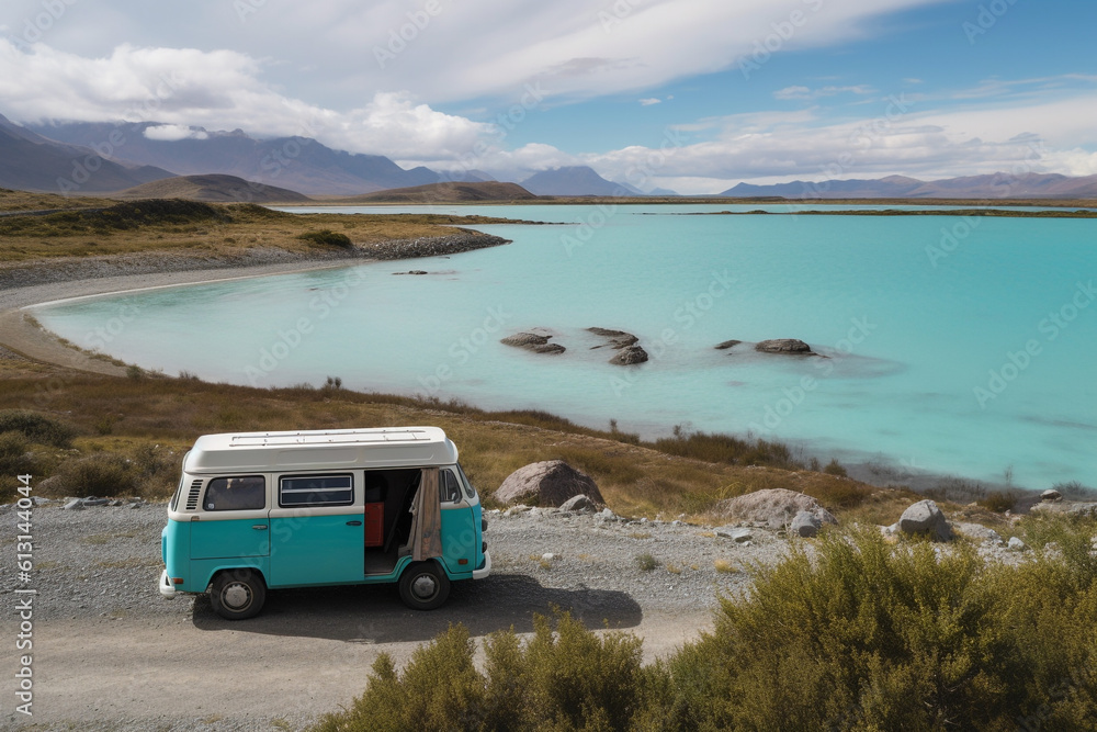 Generative Ai of a camping van wild camping. Generative Ai of a camping van wild camping.