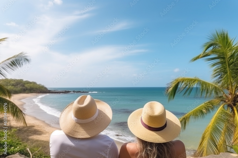 Generative AI of a couple with straw hats enjoying summer at the ocean. Generative AI of a couple with straw hats enjoying summer at the ocean.