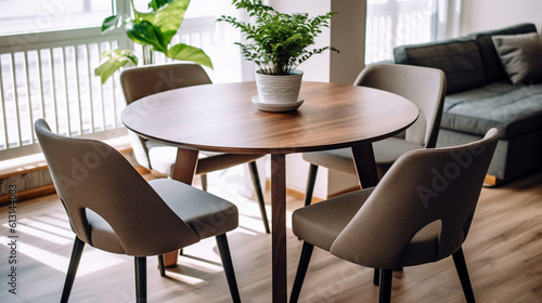 Circular wooden dining table and accompanying chairs. Generative AI © Julia