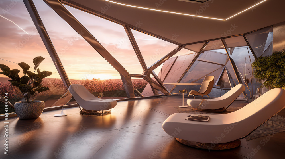 Terrace room of a beautiful futuristic design. AI Generated.