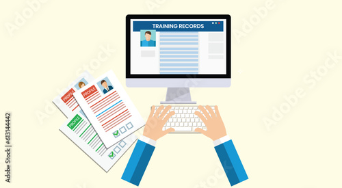 Check profiles and training records of employees for interview and checking CV for hiring employee online form fill-up and person using computer online profile record. Criminal Record List of Trainee