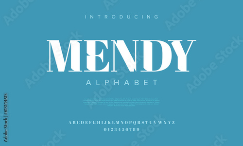 Mendy abstract digital technology logo font alphabet. Minimal modern urban fonts for logo, brand etc. Typography typeface uppercase lowercase and number. vector illustration photo