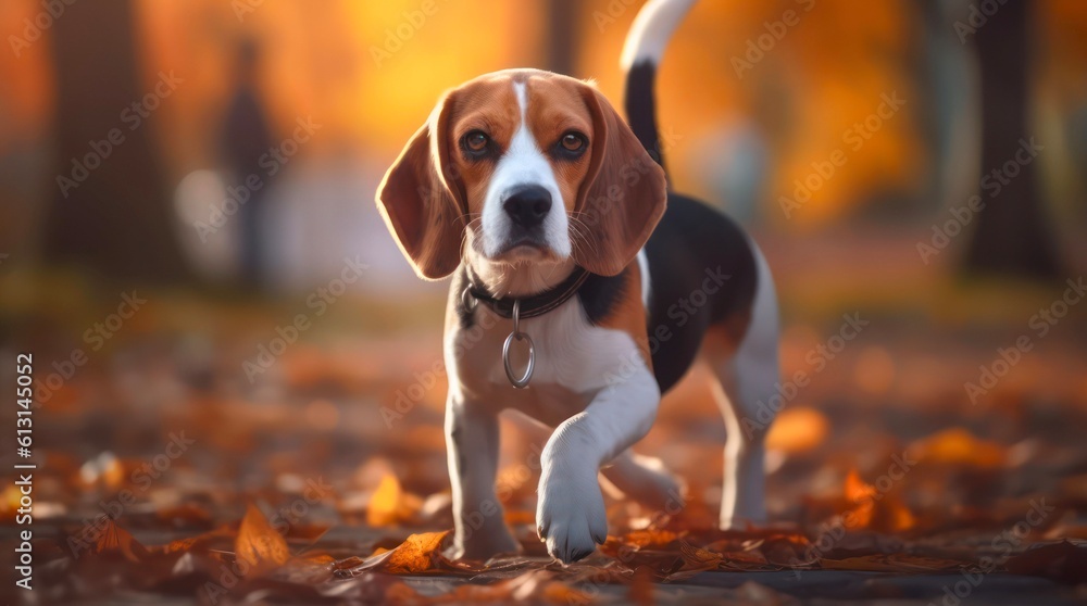 Beagle puppy is walking outdoors. Generative AI.