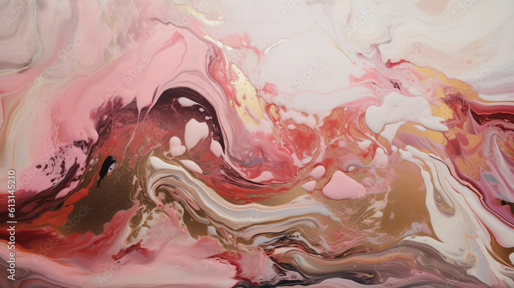 Abstract Artwork, oil painting inspired by fluid art, fluid brushstrokes in pink, red, white, and gold.