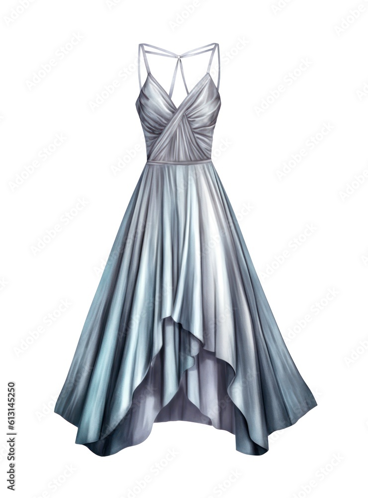 Long evening gray female dress isolated on white background in watercolor style. Generative AI. Long evening gray female dress isolated on white background in watercolor style. Generative AI.