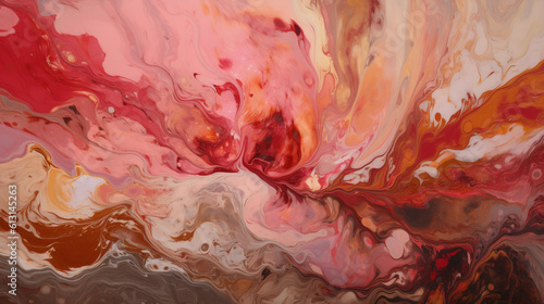 Abstract Artwork, oil painting inspired by fluid art, fluid brushstrokes in pink, red, white, and gold.