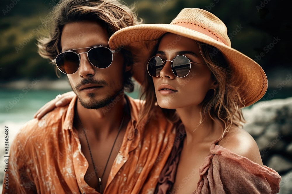 Summer Romance: Beautiful Couple with Sunglasses Enjoying Each Other and a Blissful Vacation, Generative AI Summer Romance: Beautiful Couple with Sunglasses Enjoying Each Other and a Blissful Vacation, Generative AI
