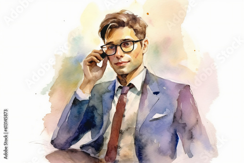 Illustration of a handsome businessman in a suit and glasses is talking on the phone in the office, watercolor. AI generative